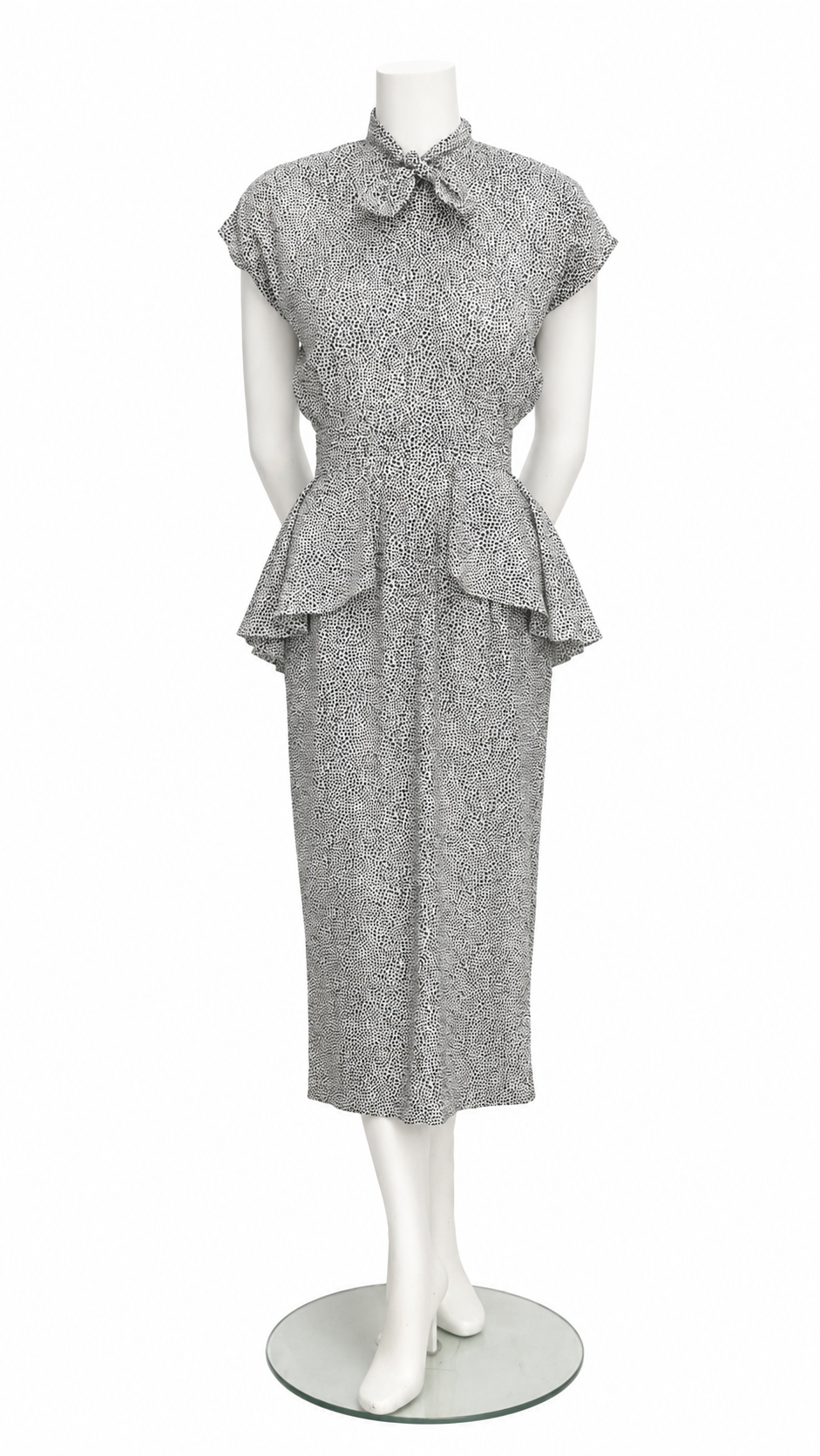 Vintage Kristin Allen Black & White Speckled Peplum Midi Dress with Neck Tie Size S