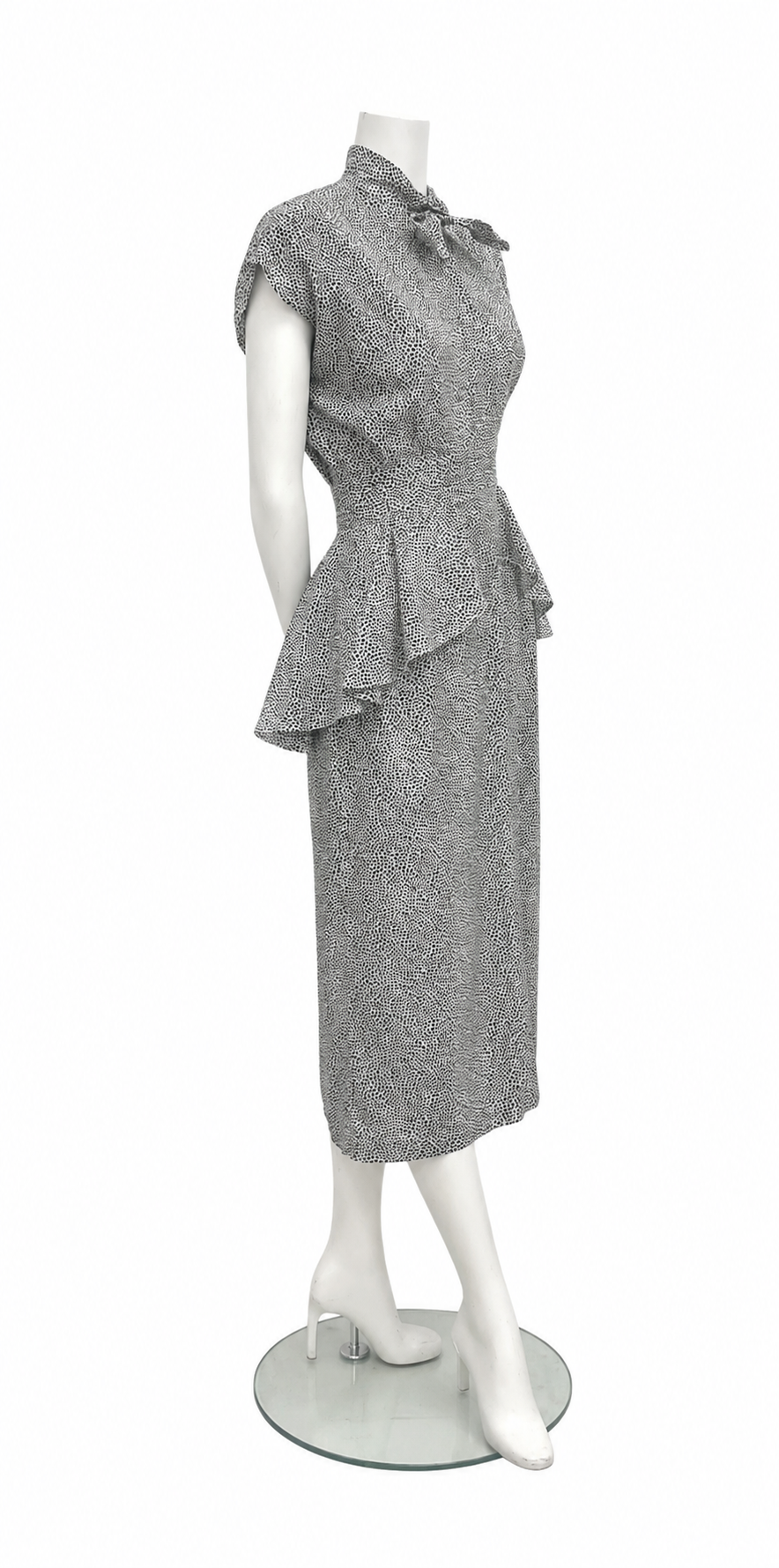 Vintage Kristin Allen Black & White Speckled Peplum Midi Dress with Neck Tie Size S