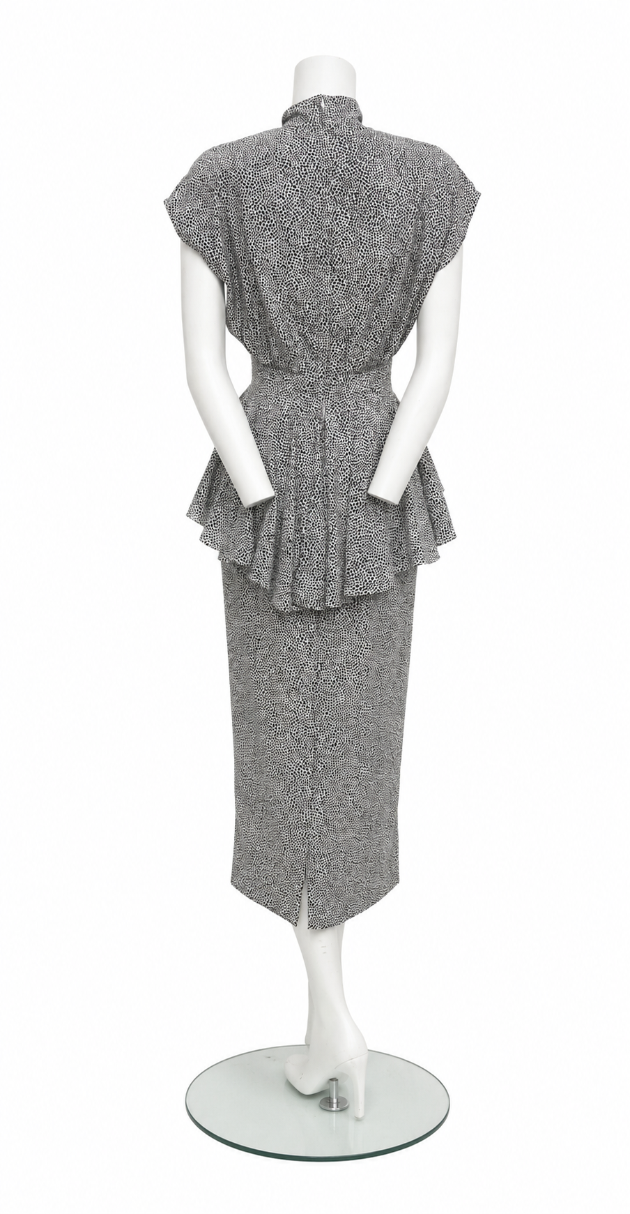 Vintage Kristin Allen Black & White Speckled Peplum Midi Dress with Neck Tie Size S