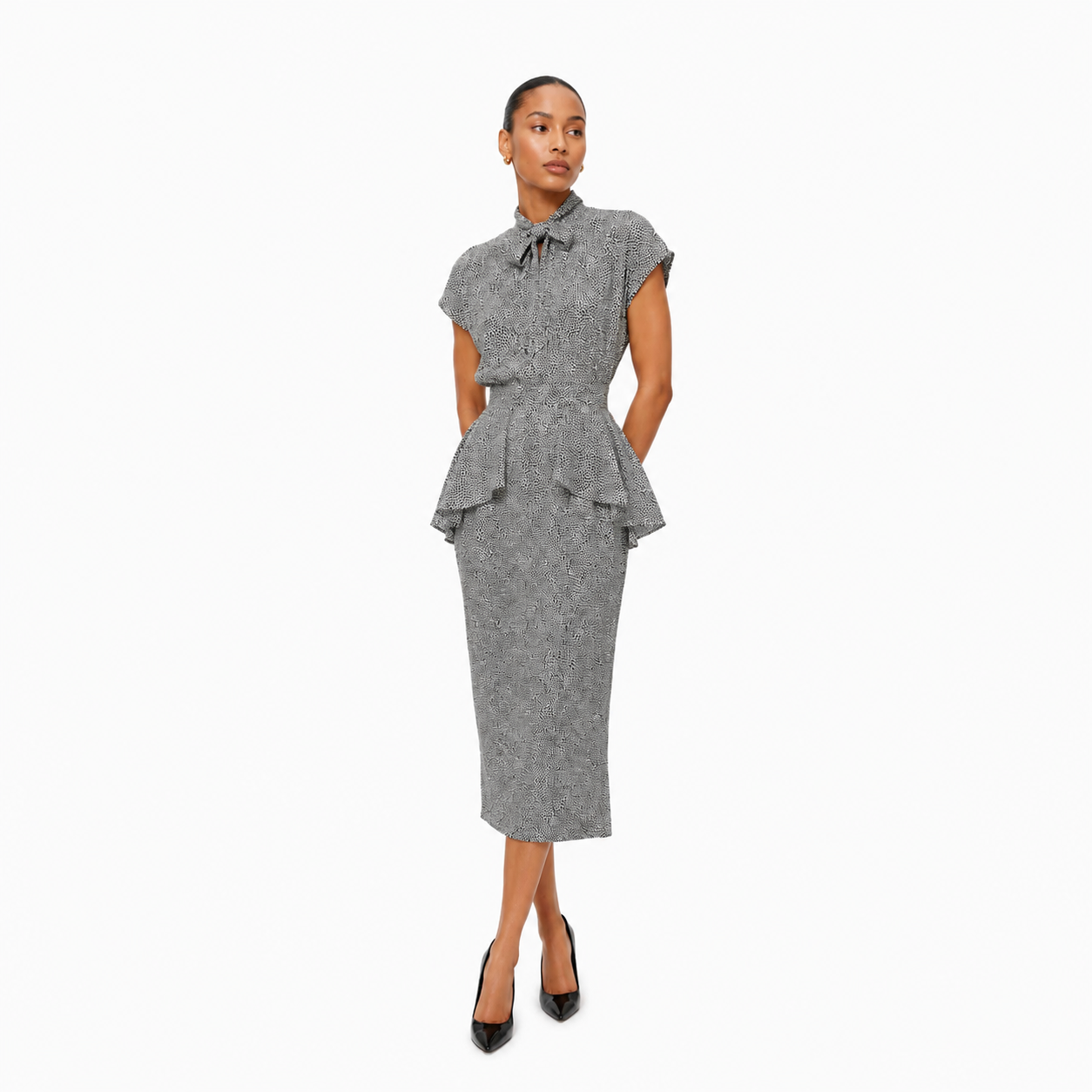 Vintage Kristin Allen Black & White Speckled Peplum Midi Dress with Neck Tie Size S