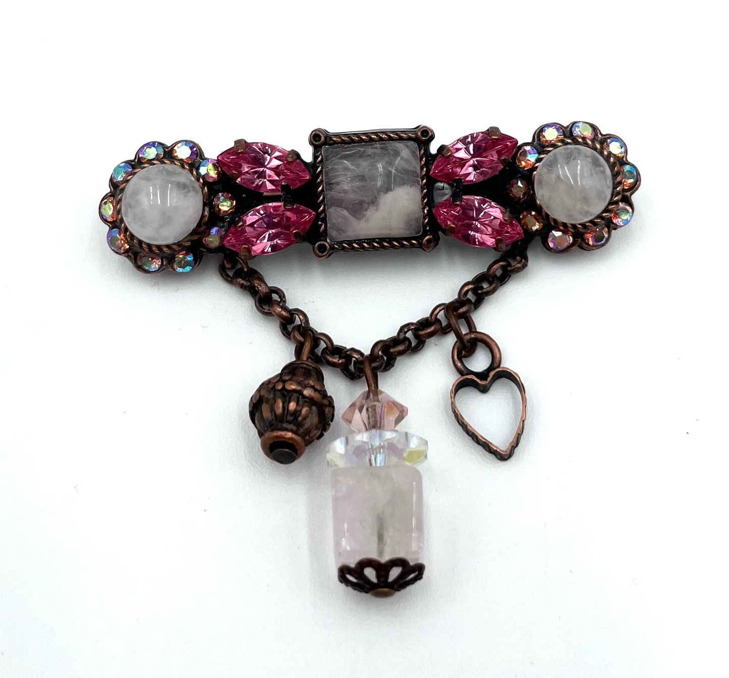 Vintage Pink Rhinestone & Faux Moonstone Dangle Brooch with Copper Tone Charms