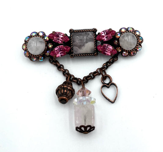 Vintage Pink Rhinestone & Faux Moonstone Dangle Brooch with Copper Tone Charms