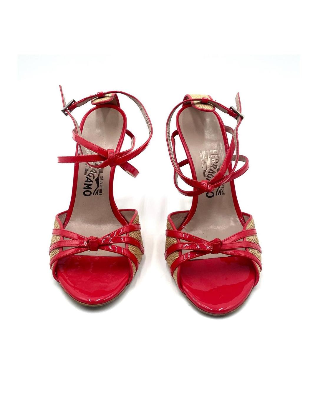 Vintage Salvatore Ferragamo orange patent leather and raffia strappy heels, size 8.5.