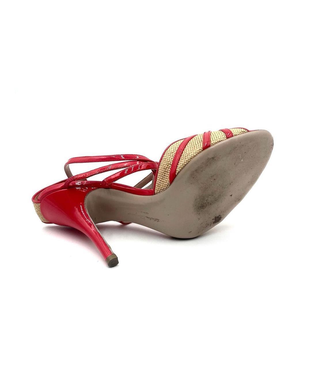 Vintage Salvatore Ferragamo orange patent leather and straw strappy heels, size 8.5, with a 4.5-inch stiletto heel.