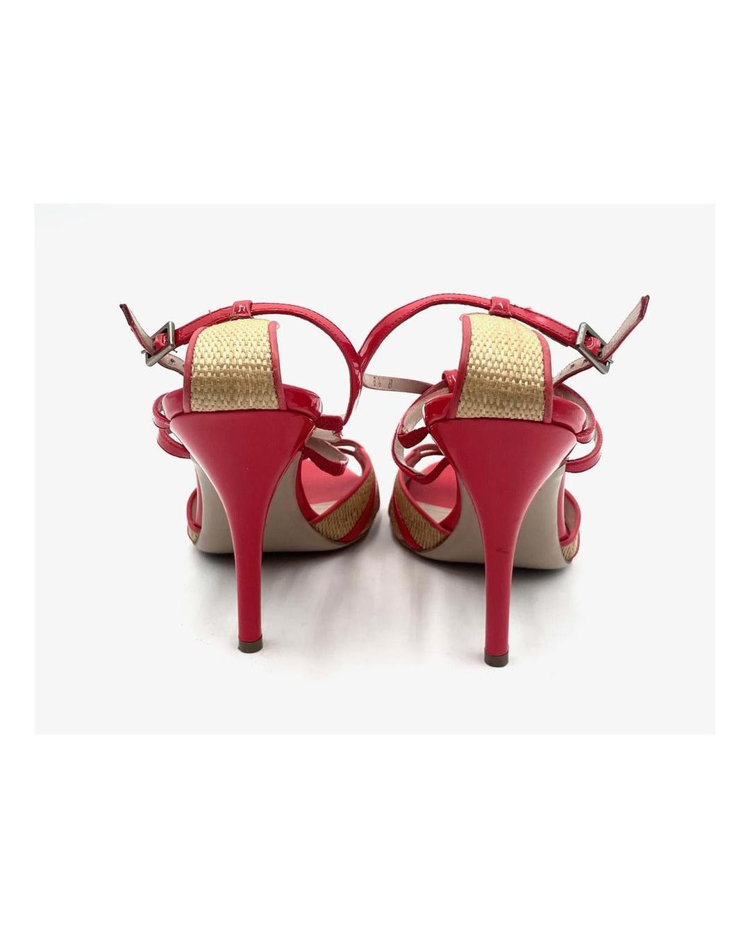 Vintage Salvatore Ferragamo orange strappy heels with woven beige heel detail and slim stiletto, size 8.5.