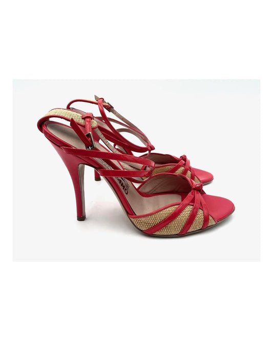 Vintage Salvatore Ferragamo orange and straw strappy high heels, size 8.5.