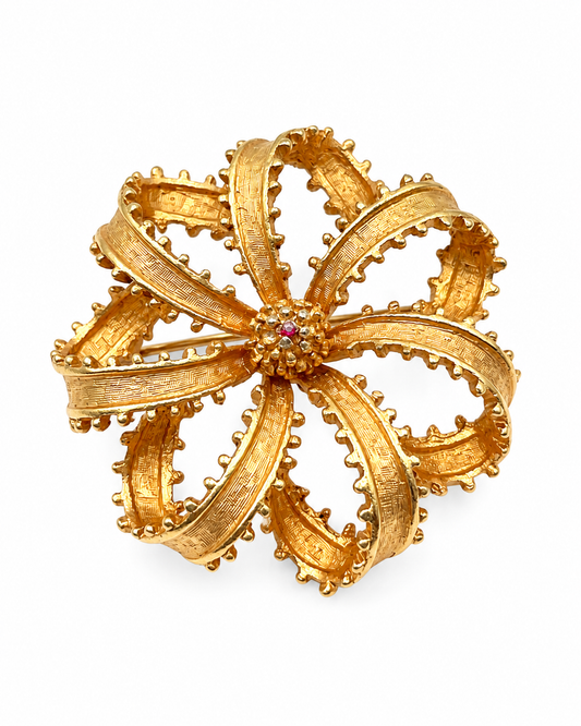 Vintage Signed Coro Gold Tone Ribbon Flower Brooch