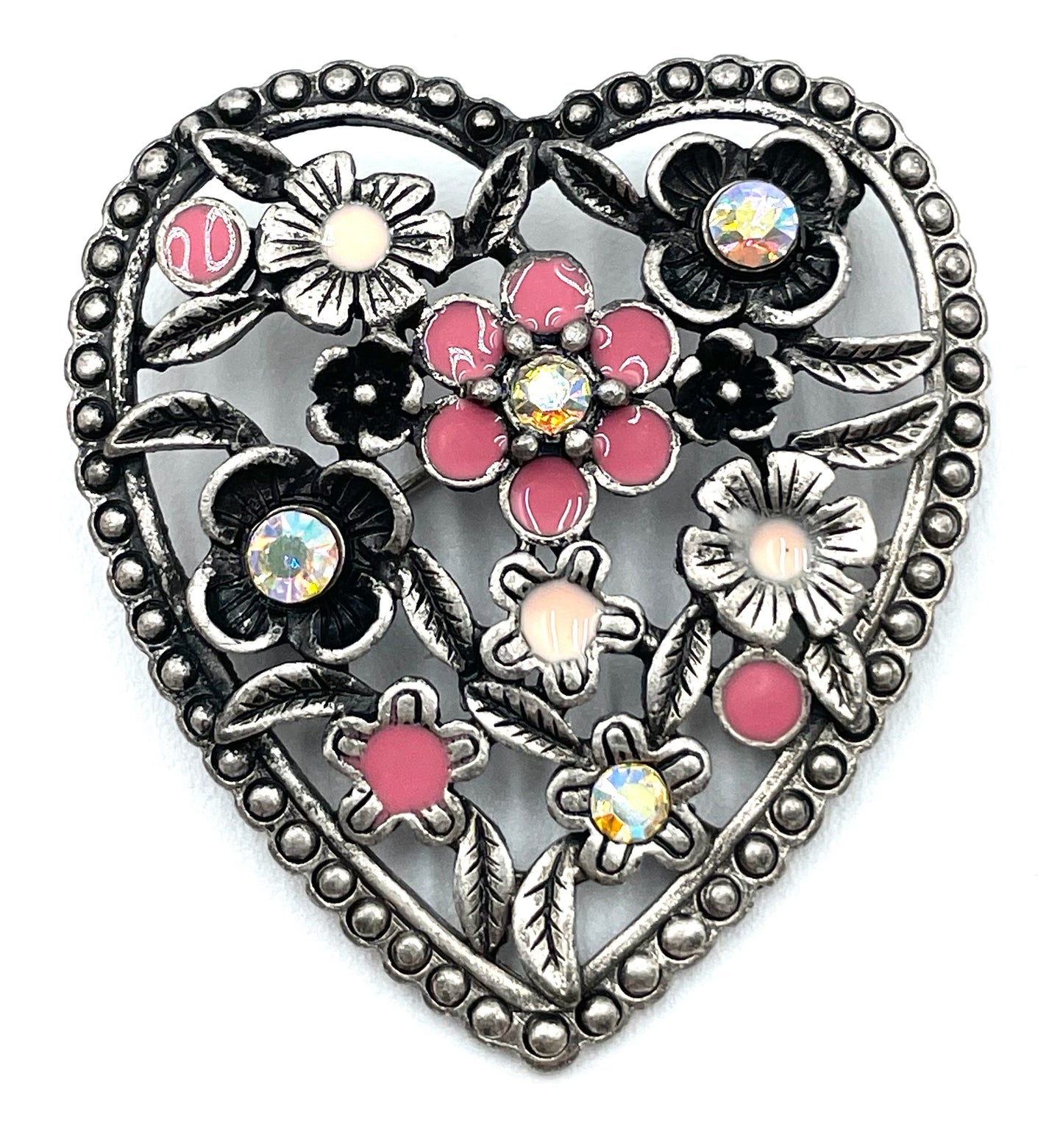 Vintage Silvertone Pink Rhinestone Floral Pin Brooch