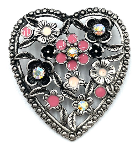 Vintage Silvertone Pink Rhinestone Floral Pin Brooch
