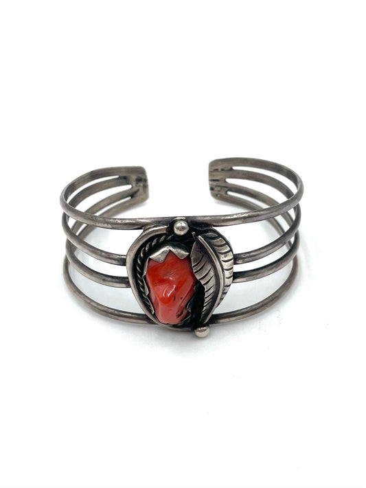 Vintage Sterling Silver Coral Cuff Bracelet