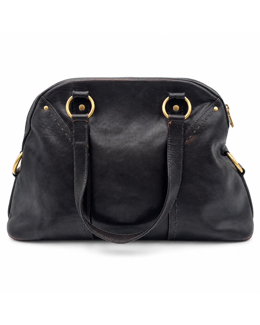 Dark brown leather Yves Saint Laurent Muse bag with gold-tone hardware, dual shoulder straps, and zip closure.