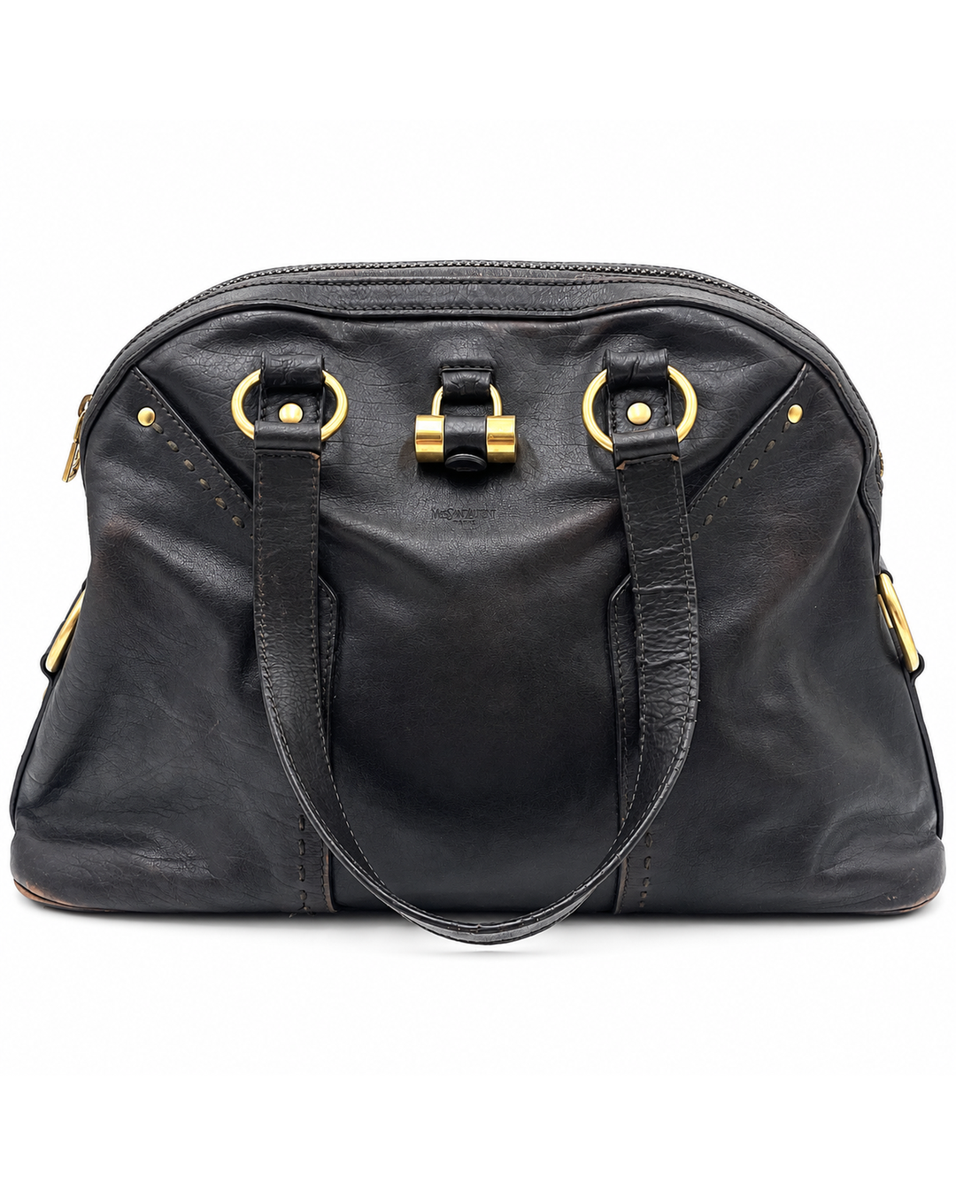 Yves Saint Laurent Muse bag in dark brown leather with gold-tone hardware, dual shoulder straps, and a zip closure.