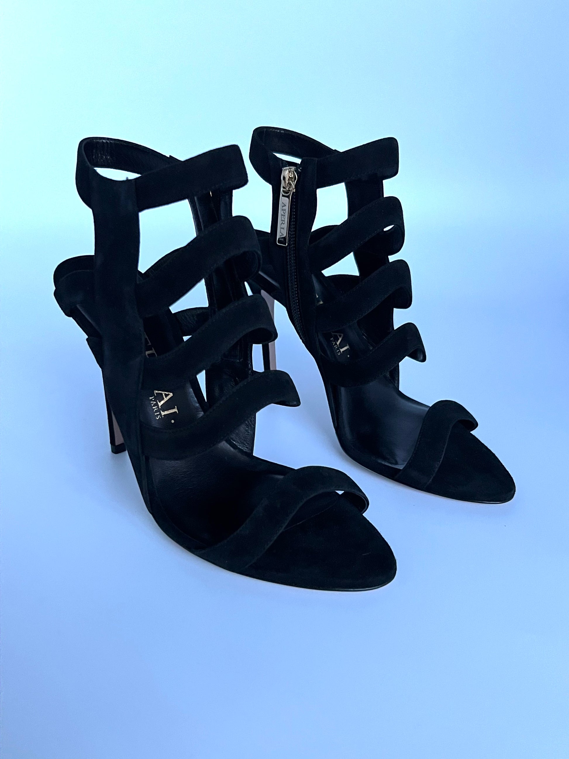 Brand New Aperlai Black Suede Strappy Heels Size 40