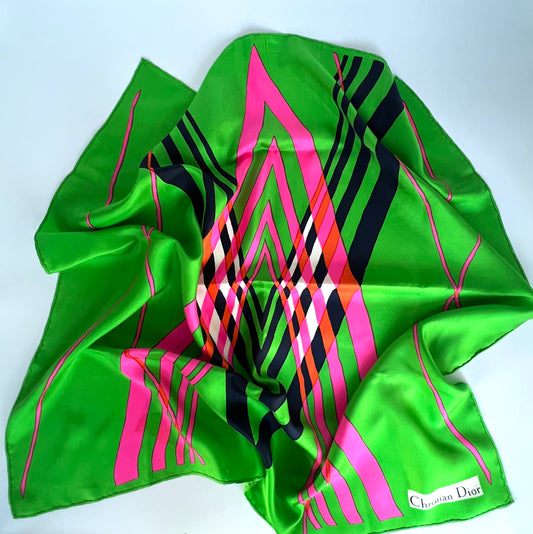 Vintage Christian Dior Green & Pink Print Silk Scarf