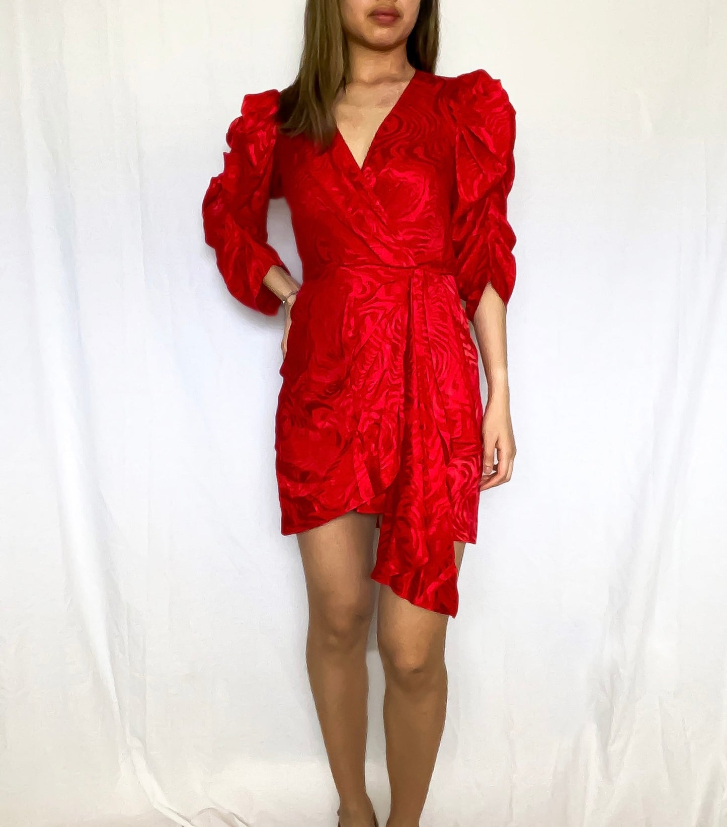 Ronny Kobo Red Amara Puff Sleeve Dress Size M