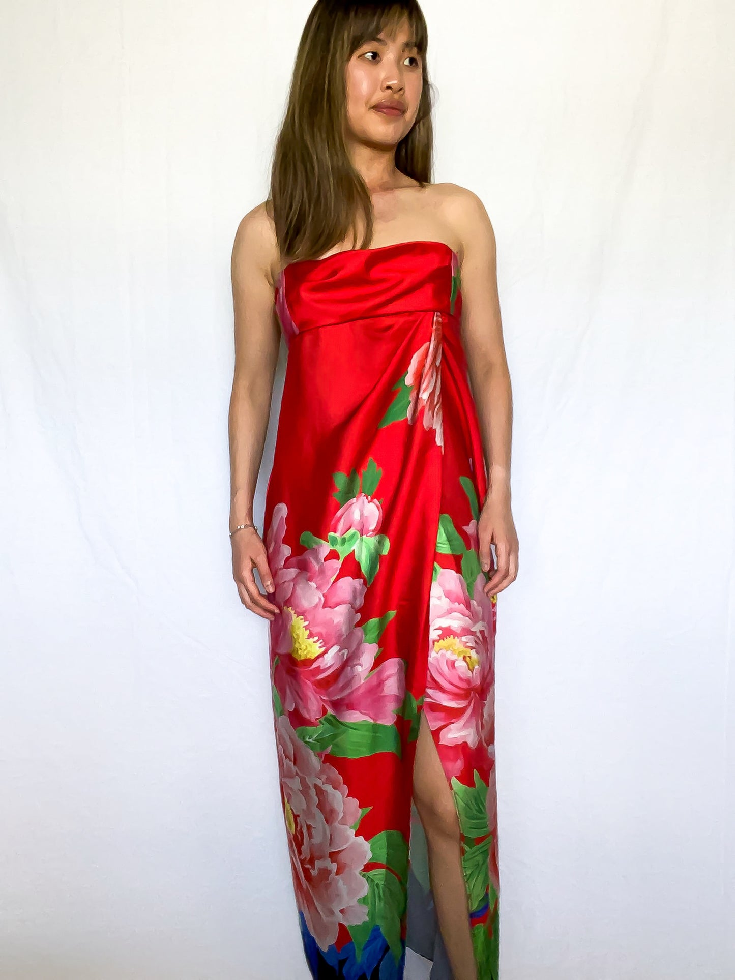 Zara Red Floral Print Strapless Dress Size M