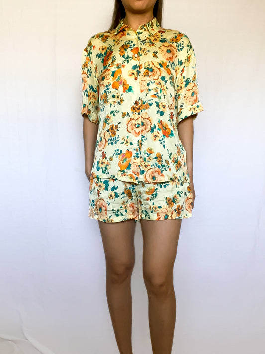Zara Yellow Floral Silky Short & Shirt Set Size S