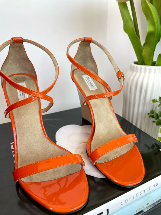 Max Mara Orange Patent Wedge Sandals Size 38