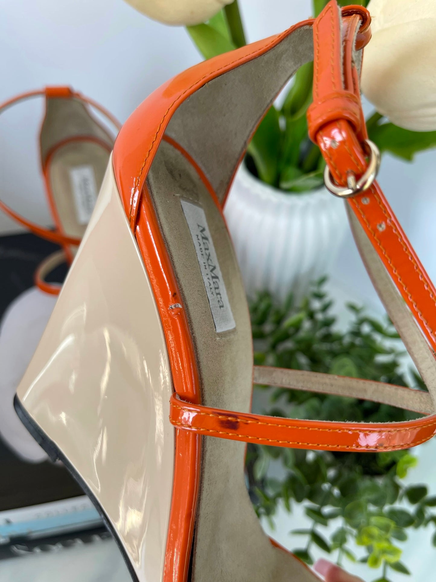 Max Mara Orange Patent Wedge Sandals Size 38