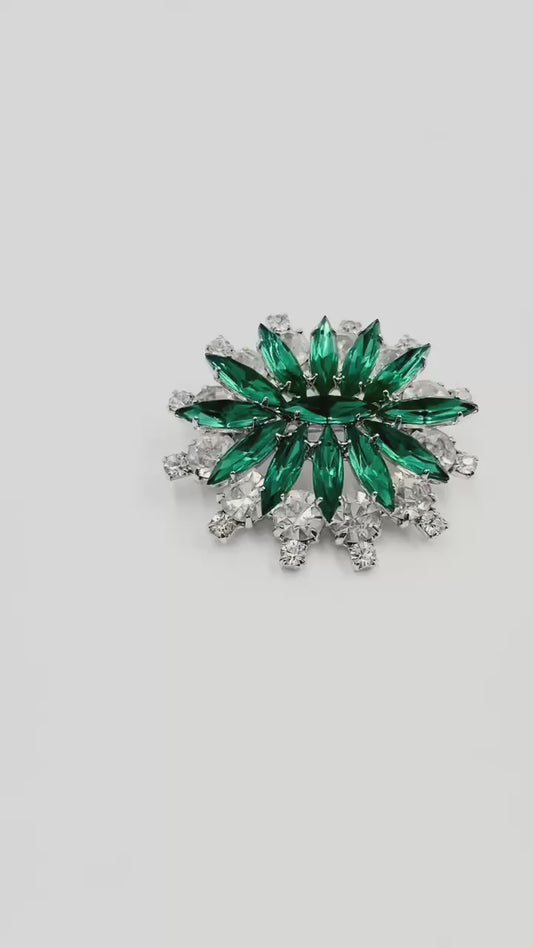 1950s Vintage Emerald Green & Clear Rhinestone Brooch