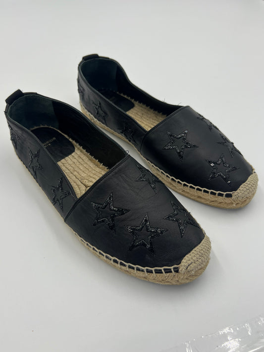 Saint Laurent Black Leather Star Espadrilles Flats Size 39