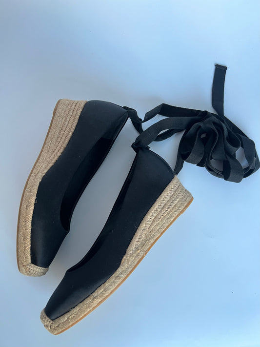 Tory Burch Black Espadrilles Tie-Up Wedge Size 8